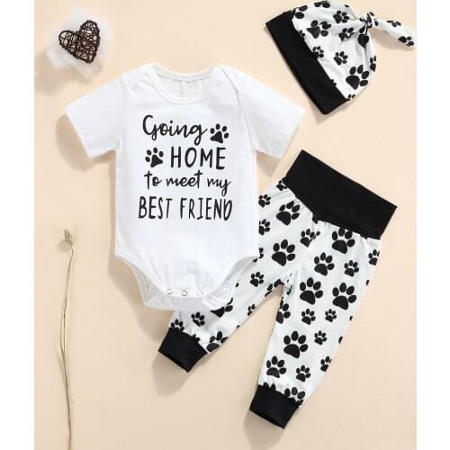 3 Pcs Newborn Casual Outfits, Toddler Letter & Dog Paw Print Short Sleeve Round Neck Romper + Color Block Pants + Knotted Cap