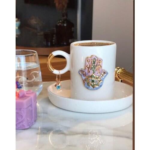 Handmade Ceramic Mother Fatma Hand Authentic Double Turkish Coffee Cup and Saucer Office Cup Unique Gift