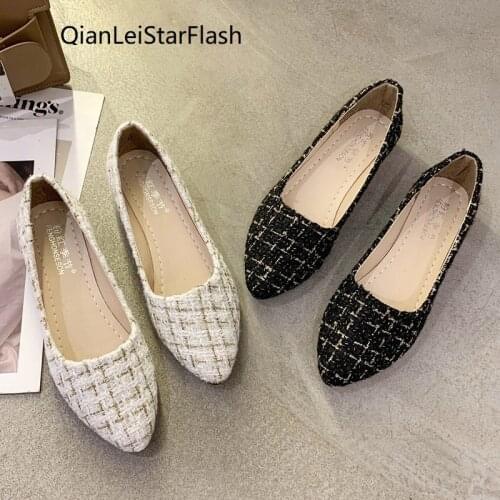 Women Wool Plaid Flats Spring Autumn Pointed Toe Slip on Flat Shoes For Woman Loafers Boat Shoes Comfortable Ladies Shoes