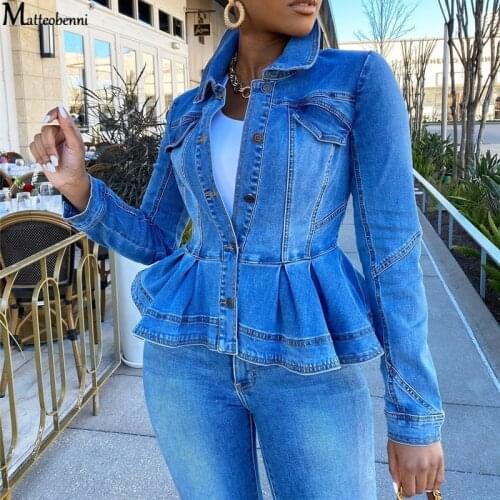 Autumn Women Elegant Sexy Ruffle Denim Jacket 2020 Fashion Casual Jean Jacket Long Sleeve Winter Solid Color Coat Streetwear