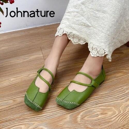 Johnature Flats Women Shoes Hook & Loop Square Toe Genuine Leather Spring/Autumn 2021 New Handmade Concise Leisure Ladies Shoes