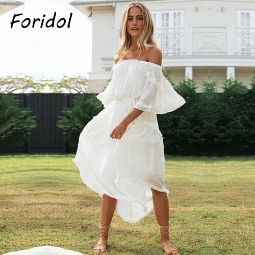 Foridol Elegant Off The Shoulder White Tulle Dress Women Casual Polka Dot Summer Beach Boho Dress Famale Long Sundress Fashion