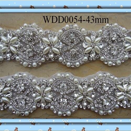 10 YARDS) Wholesale bridal handmade beaded sewing silver crystal rhinestone applique pearl trim for wedding dress sash WDD0054