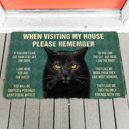 3D Please Remember Cool Black Cat House Rules Doormat Non Slip Door Floor Mats Decor Porch Doormat