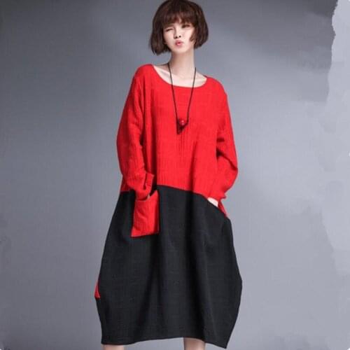 Korean fashion asymmetry dress,2020 Spring Summer cotton linen Dresses Vintage,long sleeve patchwork long casual dresses 5xl 6xl