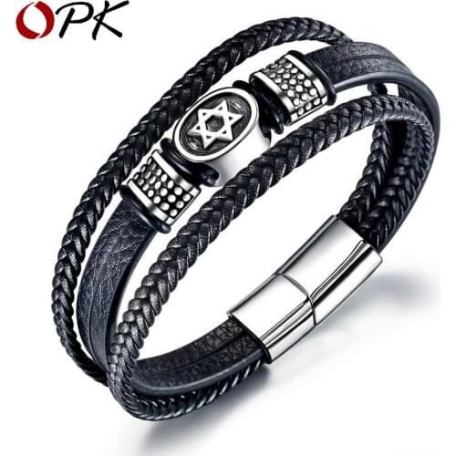 European And American Fashion Mens Hand Ornaments Multi-layer Woven Leather Bracelet Six Star Titanium Steel Br