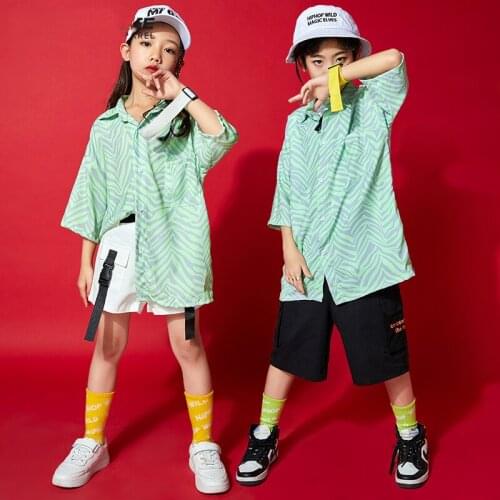 2021 Summer Kids Hip Hop Dance Costumes Green Shirts Shorts Girls Jazz Performance Outfit Street Wear Boys Rave Clothes BL5977