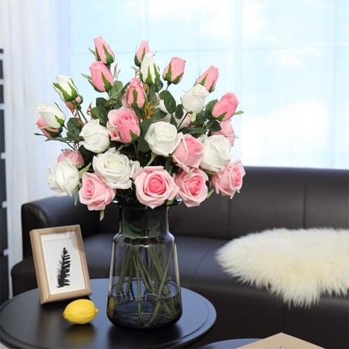 Artificial roses fake silk flowers long branch 3heads real touch artificial flowers wedding home Valentines Day decor gift