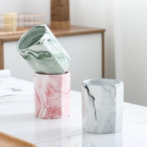 Marble Print Ceramic Cosmetic Make-up Brush Storage Box Jar Pen Holder Desktop Organizer Home Desk Ornament Decor Accessory