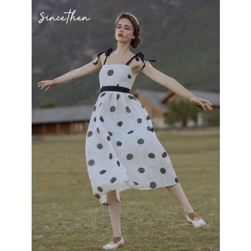 Small Fresh French Sling Waist Polka Dot Fairy Dress Female Spring