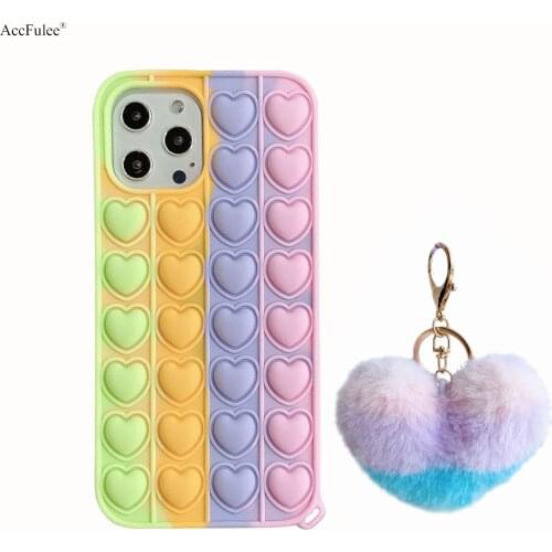 Cute Rainbow Lovely Heart Case With Pendant For iPhone 12 11 Pro XR XS Max 6 7 8 Plus SE 2020 Cover Reliver Stress Bubble Cover