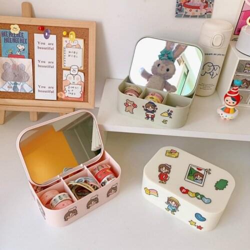 New cute cartoon Jewelry Storage Box Jewelry Desktop Organizing Box Necklace Storage Box Six grid with Mirror Earrings organizer