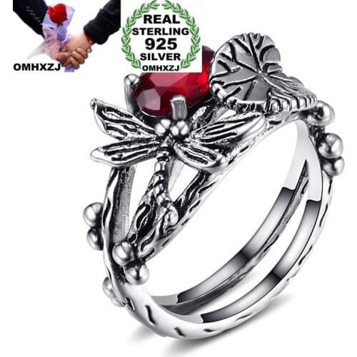 OMHXZJ Wholesale European Fashion Woman Man Party Wedding Gift Silver Dragonfly Lotus Yellow AAA Zircon Taiyin Ring RR315