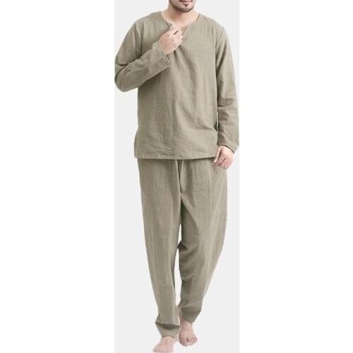 Autumn New Style Men Thin Breathable Solid Color Long-Sleeved V-Neck Pullover and Stretch Waist Pants Loose Home Service Suit