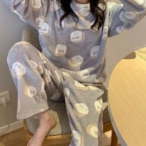 Kawaii Cow and Duck Print Fall Winter Warm Flannel Women Pyjamas Sets Thin Coral Velvet Long Sleeve Sleepwear Pajamas Set Girl