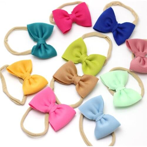 Fit All Baby Girls Small Hairbow with Nylon Nude Headband Space Cotton Scuba Infant Hairband Newborn Headwrap Bowknot Turban