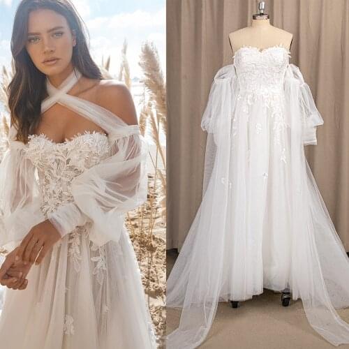 Halter Sweetheart Appliqued Beach Wedding Dresses Long Latern Sleeves Princess Beads Vestido De Noiva Zipper Tulle Bridal Gowns