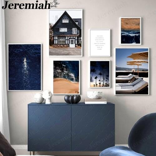 Modern Dark Blue Seascape Canvas Painting Coconut Tree Beach Surf Poster Wall Art Wall Nordic Home Living Room Decoration