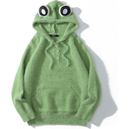 Autumn Women Men Fluffy Frog Hoodie Harajuku Embroidery Eye Green Hooded Single Breasted Buttons Streetwear Funny Sweatshirts