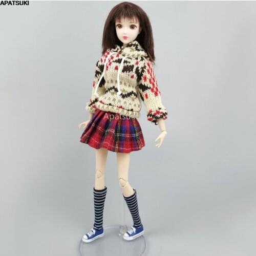 Top Hoodies Sweater & Red Plaid Pleated Skirts Suit for Barbie Doll Outfits Clothes for 1/6 BJD Dolls Accessories DIY