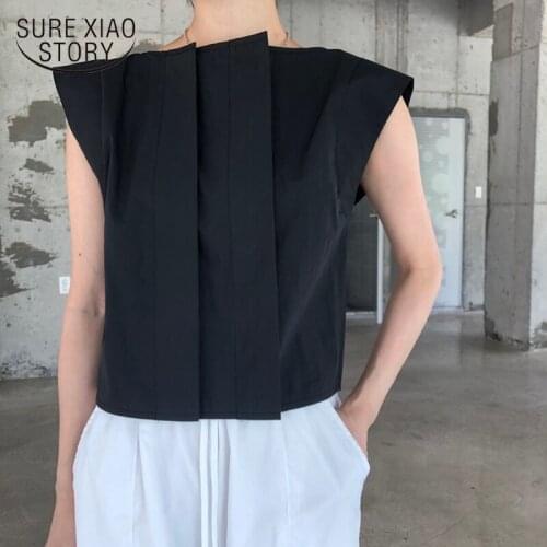 Summer Work Style Women Tops Chic Pleated O Neck Simple Blouse Women Short Sleeve Black All Match Ladies Tops Blusas New 14157