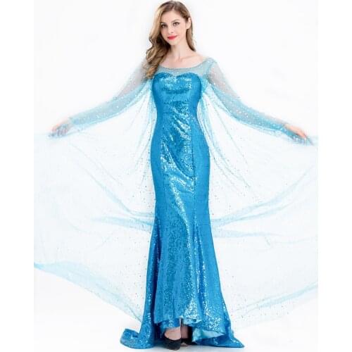 Adult Elsa Frozen Princess Long Dress Princess Elsa Dress Cosplay Costume Adult Women Girls Halloween Carnival Cosplay Costume