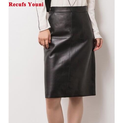Classic Spring Female Genuine Leather Skirt Woman Black Sexy Midi Long Slim Over Knee Step Placketing Wrap Faldas Mujer Jupe