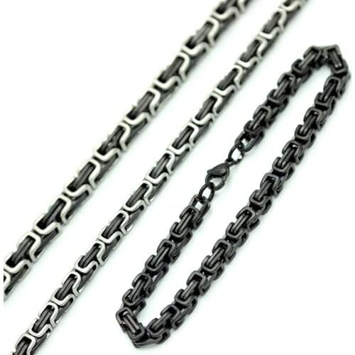 Fashion Jewelry 5mm 6mm Men Chain Black and Silver Tone 316 Stainless Steel 22cm Byzantine Box Link Necklace Bracelet
