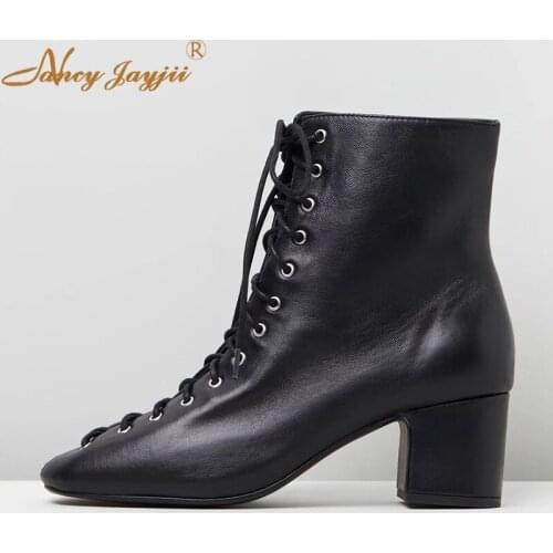 Women Shoes Adult Ladies Boots Black Solid Ankle Lace-Up High Square heels Pointed Toe Sexy Fashion Mature Nancyjayjii 2019
