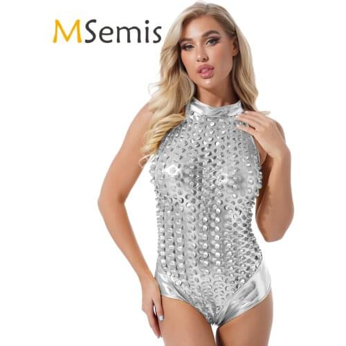 Womens Poe Dance Rave Clubwear Shiny Hollow Out Patent Leather Bodysuit Zipper Back Sleeveless Catsuit Mock Neck Leotard
