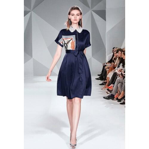 Summer Womens Color Block Lace-up Put on a Large Waist Aristocratic Temperament Mid-Length Printed Short-Sleeve Dress