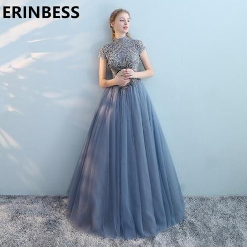 Vestido De Festa High Neck New Short Sleeve Prom Dresses Light Blue A Line Sweep Train Women Formal Gowns