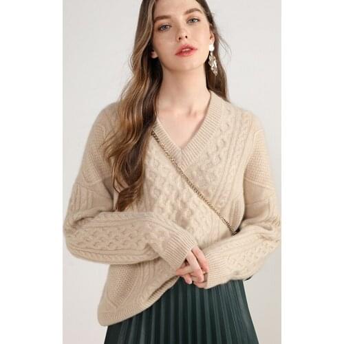 Winter New Styles 100% Cashmere Sweater V Neck Thick Pullovers Large Size Long Sleeve Ladies Soft Jumper Fashion Knitted Tops