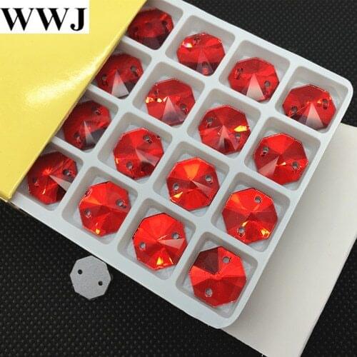 18mm,16mm,14mm,12mm,10mm,8mm Round Octagon sew on stones Siam Red Color Sewing glass Crystal beads Flatback 2 holes
