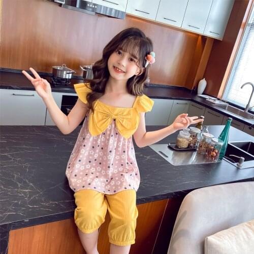 2 Piece /Set Pajamas For Girls Leisure Sleeveless Sleepwear With Bow Kids Pyjamas Soft Cotton Nightwear Kids Home Clothes