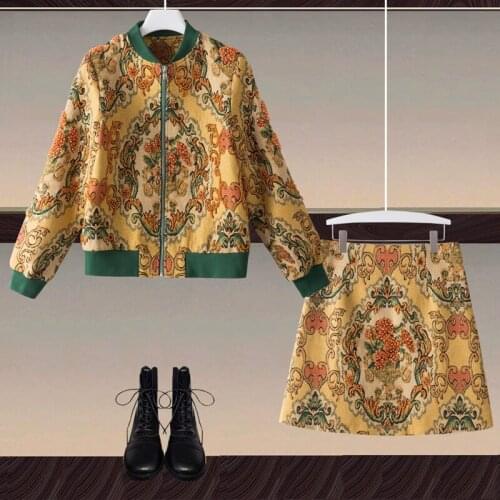 2021 Autumn Casual Suit Fashion Design Women Vintage Printed Beading Jacket+Mini Skirt Loose Casual Set