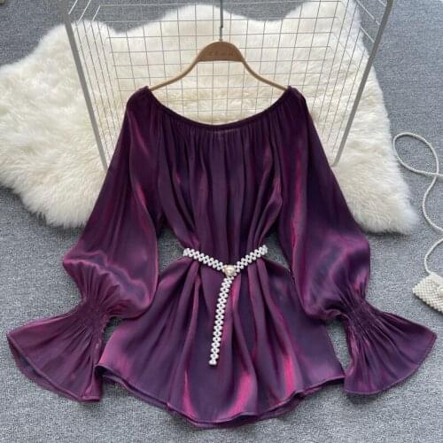 2021 Early Autumn Lazy Wind Blouse Female One-word Collar Flared Sleeves Blusa Korean Pleated Shirt with Pearl Belt DF543