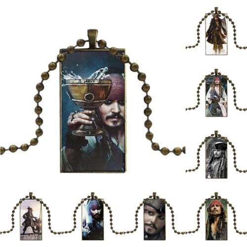 For Women Men Party Jack Sparrow Vintage Jewelry Bronze Color Glass Cabochon Choker Pendant Long Rectangle Necklace