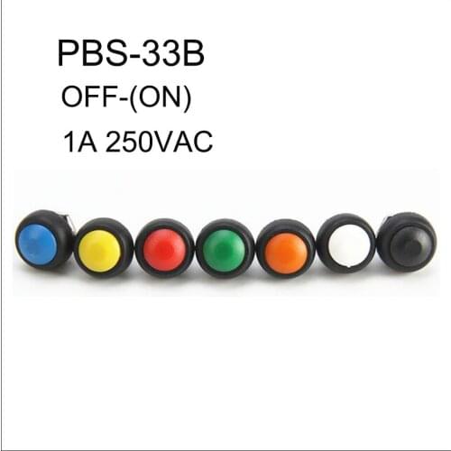 Mini push button switch PBS-33B OFF-(ON) 1A 250VAC 12mm IP54 Rocker Switch color red yellow blue green white black 100PCS