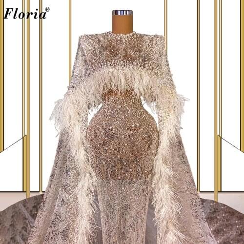 3 Styles Muslim Sparkly Evening Dresses Pearls Long Sleeves Special Prom Dresses Evening Wear Feathers Celebrity Dresses платье