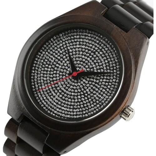 Luxury Rhinestones Display Round Dial Ebony Wood Men Watch Full Wooden Wristband Folding Clasp Mens Natural Wood Bangle Watch
