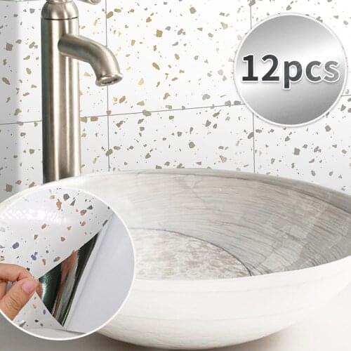 12Pcs Metal Wind Flashing Tile Stickers Bathroom White Terrazzo Style Stickers Self-adhesive Background Wall Home Decoration