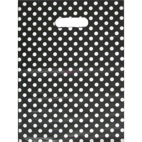 Wholesale 50pcs/lot 25x35cm Big Plastic Shopping Bags For Boutique Jewelry Packaging White Round Dots Black Plastic Gift Bag