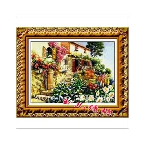 Embroidery Package 2 Pieces (1 lot=2 pieces) Top Grade Luxurious Summer Afternoon Flowers Plants Tree Cabin Cross Stitch