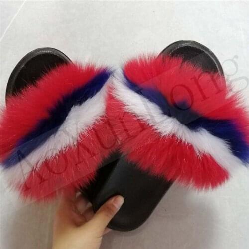 Beach Fur Sandals Women Plush Fluffy Shoes Woman Home Outside Fur Slides Furry Ladies Slippers Women Fox Hair Flip Flops 35-45