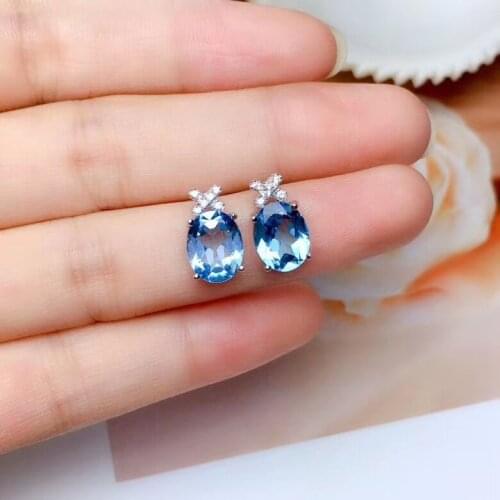 Clear blue gemstone stud earrings for women earrings 925 sterling silver earrings natural blue topaz gem girl birthday gift