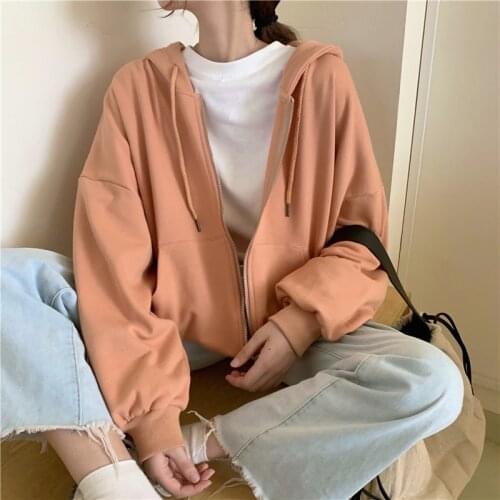 Hoodies Women Zip-up Turn-down Collar Printed Pocket Long Sleeve Korean Style New Trendy Casual BF Ulzzang Harajuku Womens Daily