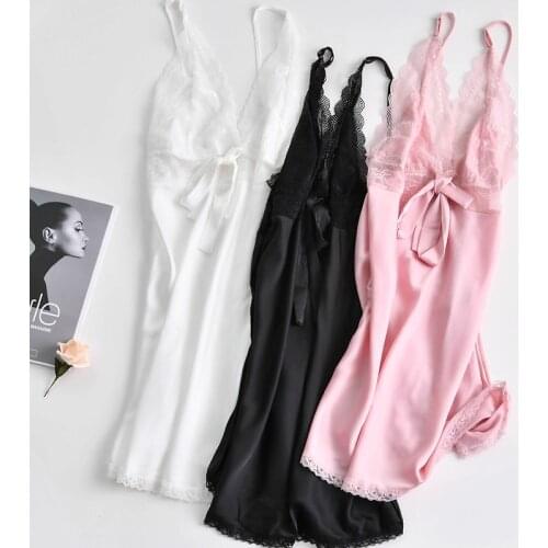 Women Sling Nightdress Sexy Low-Cut Lace Pajamas V Neck Triangle Cup Female Silk Sleeveless Nightwear Backless Sleepwear Dress