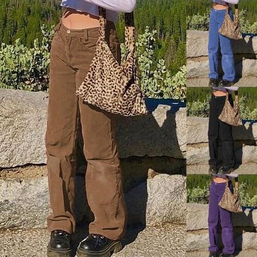 Women Fashion Solid Pants Baggy Brown Streetwear Loose High Waist Trousers Low Rise Pockets Long Corduroy Straight Trousers 2021