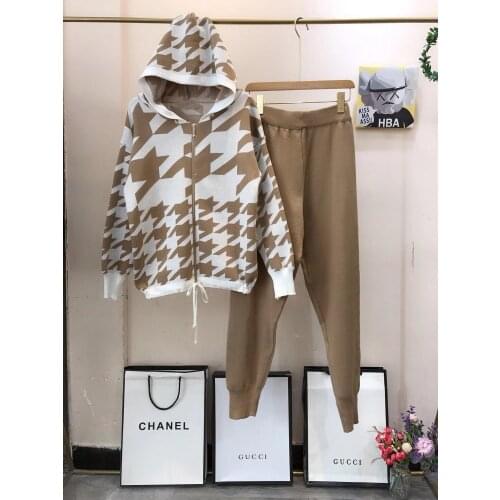 Amolapha Women Knit Plaids Hooded Sweater Cardigans + Pants Tracksuits Set Casual Knitted Plaid Jacekts Suits For Woman